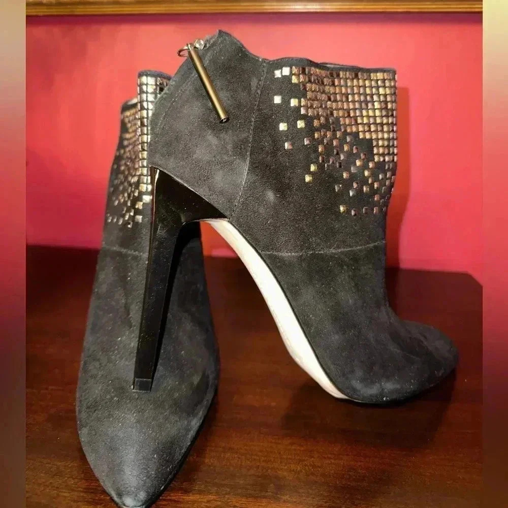 Nanci Li Black Suede Boot Heels size 8.5 with gold and silver embellishments